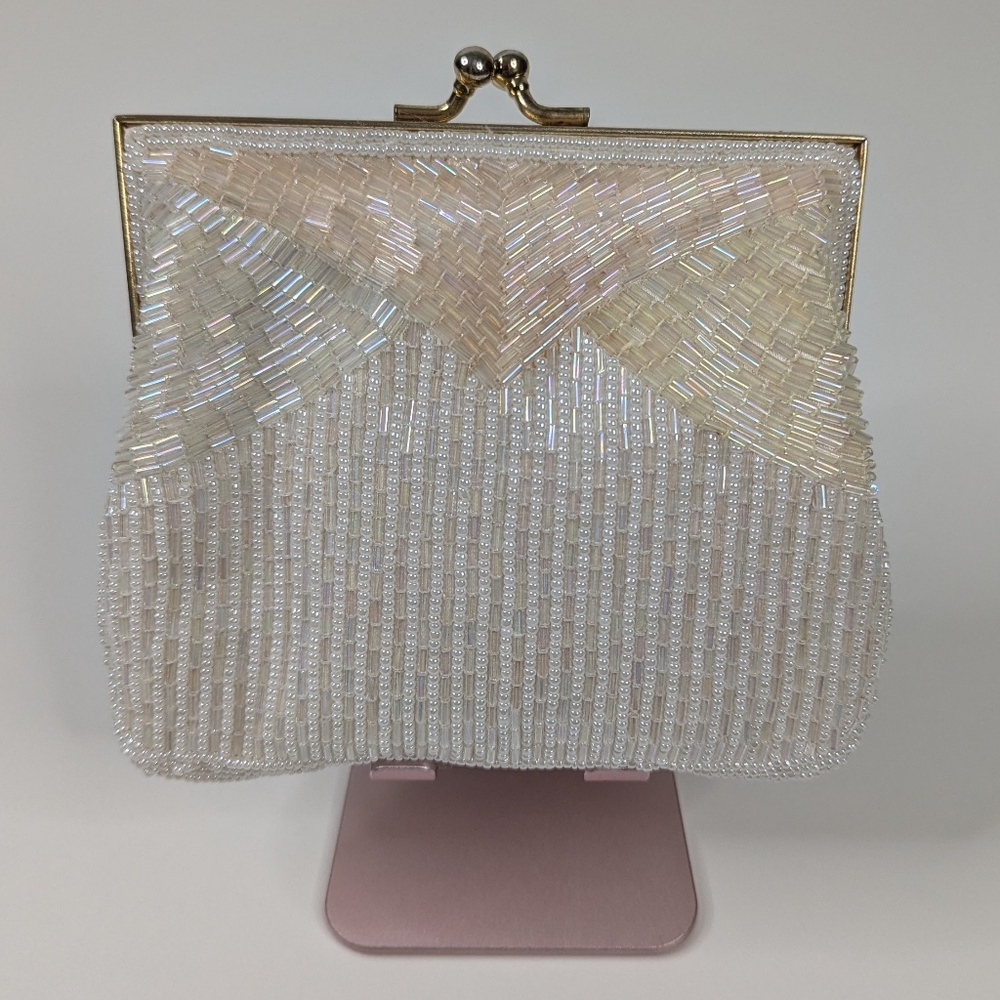 Magid White/Pastel Beaded Evening Bag Vintage 50s 60s Macau Handmade - Picture 2 of 15